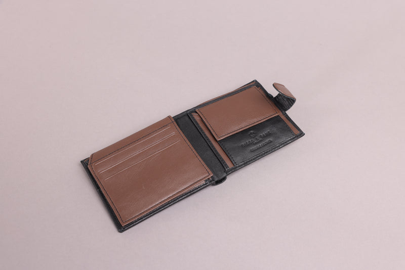 Personalised Engraved Black & Brown Bifold Leather Wallet With Coin Pocket