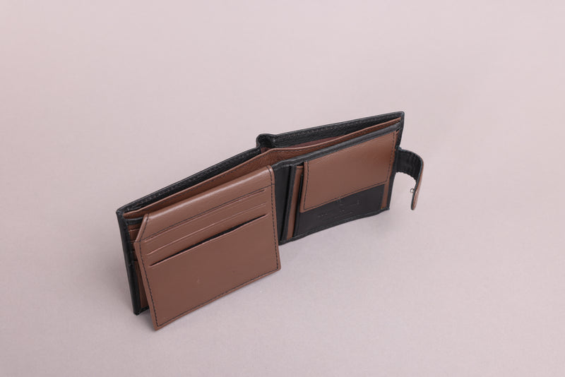 Personalised Engraved Black & Brown Bifold Leather Wallet With Coin Pocket