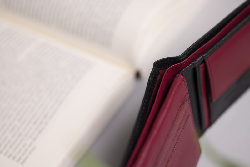 Personalised Engraved Black & Red Bifold Leather Wallet With Coin Pocket