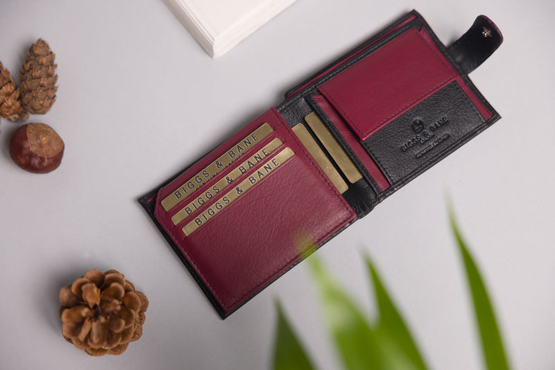 Personalised Engraved Black & Red Bifold Leather Wallet With Coin Pocket
