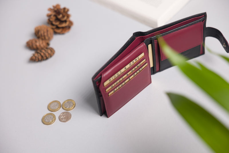 Personalised Engraved Black & Red Bifold Leather Wallet With Coin Pocket