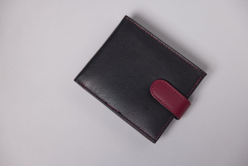 Personalised Engraved Black & Red Bifold Leather Wallet With Coin Pocket