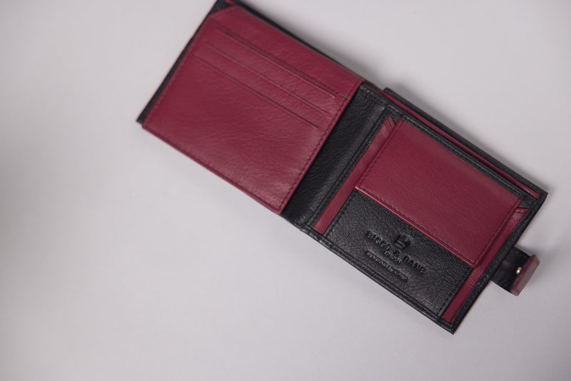 Personalised Engraved Black & Red Bifold Leather Wallet With Coin Pocket