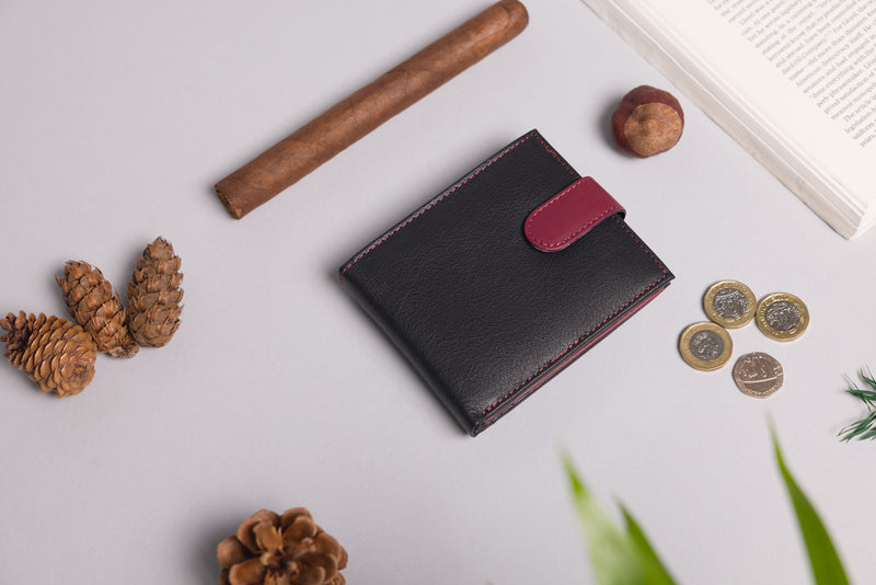 Personalised Engraved Black & Red Bifold Leather Wallet With Coin Pocket