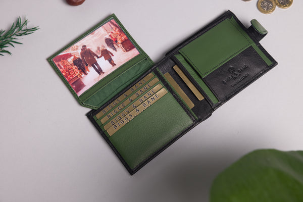 Personalised Engraved Black & Green Bifold Leather Wallet With Coin Pocket