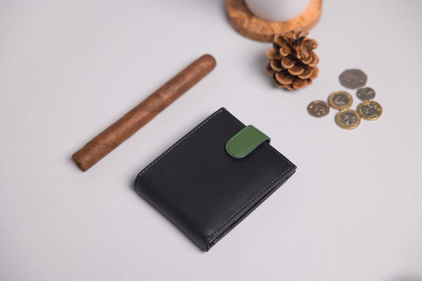 Personalised Engraved Black & Green Bifold Leather Wallet With Coin Pocket