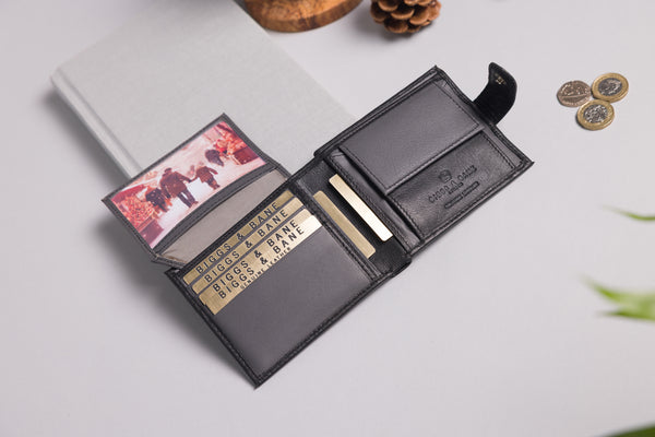 Personalised Engraved Black & Grey Bifold Leather Wallet With Coin Pocket