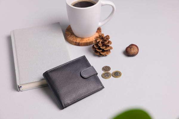 Personalised Engraved Black & Grey Bifold Leather Wallet With Coin Pocket