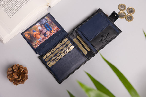 Personalised Engraved Black & Blue Bifold Leather Wallet With Coin Pocket