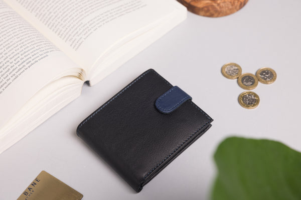 Personalised Engraved Black & Blue Bifold Leather Wallet With Coin Pocket