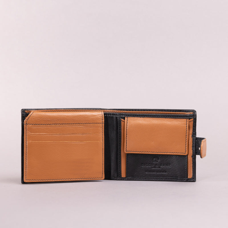 Personalised Engraved Black & Tan Bifold Leather Wallet With Coin Pocket