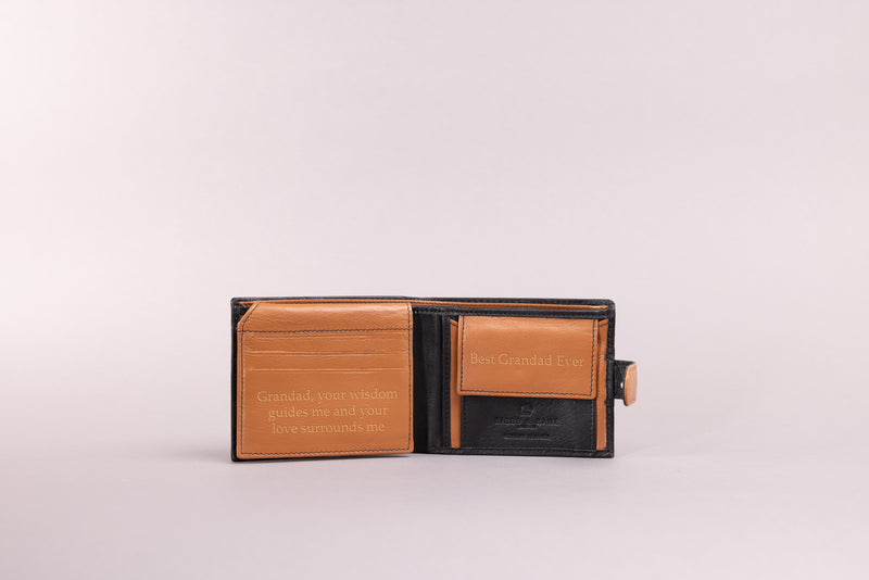Personalised Engraved Black & Tan Bifold Leather Wallet With Coin Pocket