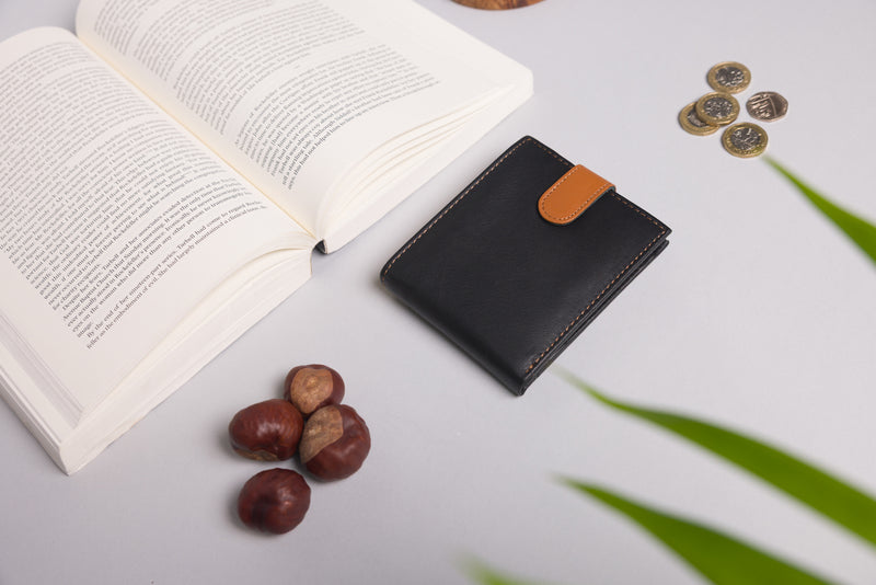 Personalised Engraved Black & Tan Bifold Leather Wallet With Coin Pocket