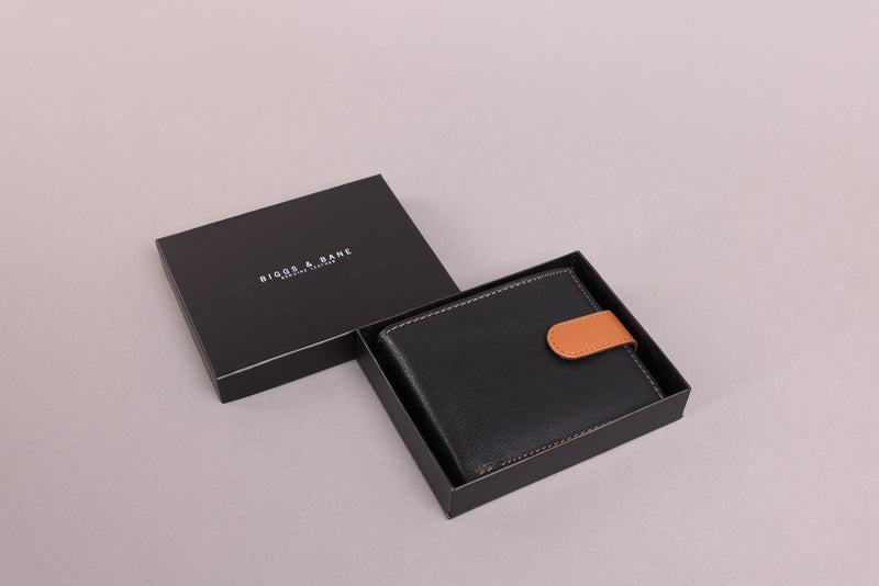 Personalised Engraved Black & Tan Bifold Leather Wallet With Coin Pocket