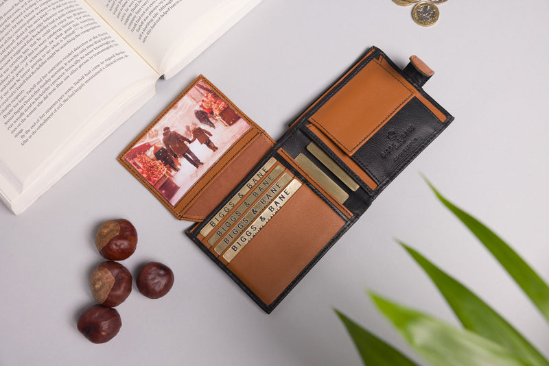 Personalised Engraved Black & Tan Bifold Leather Wallet With Coin Pocket