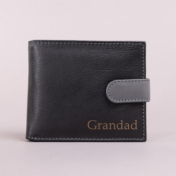 Personalised Engraved Black & Grey Bifold Leather Wallet With Coin Pocket