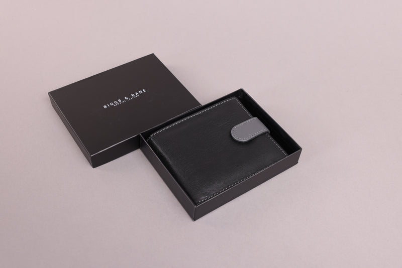 Personalised Engraved Black & Grey Bifold Leather Wallet With Coin Pocket