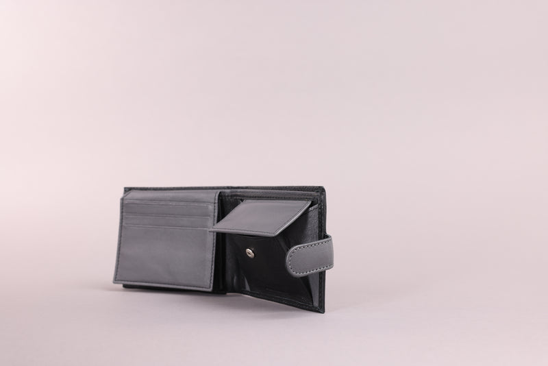 Personalised Engraved Black & Grey Bifold Leather Wallet With Coin Pocket