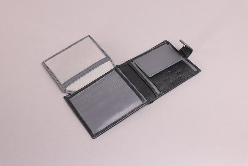 Personalised Engraved Black & Grey Bifold Leather Wallet With Coin Pocket