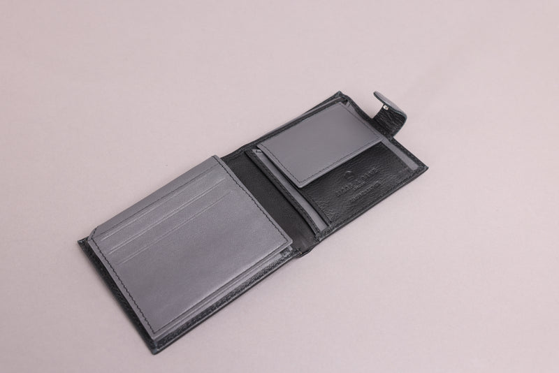Personalised Engraved Black & Grey Bifold Leather Wallet With Coin Pocket
