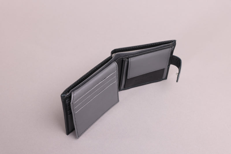 Personalised Engraved Black & Grey Bifold Leather Wallet With Coin Pocket