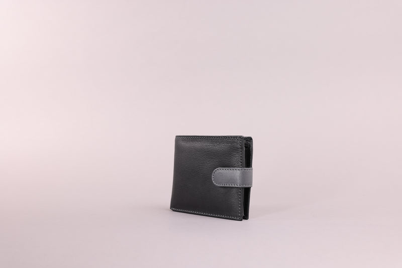 Personalised Engraved Black & Grey Bifold Leather Wallet With Coin Pocket