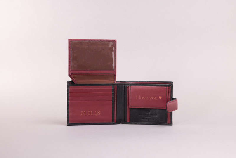 Personalised Engraved Black & Red Bifold Leather Wallet With Coin Pocket