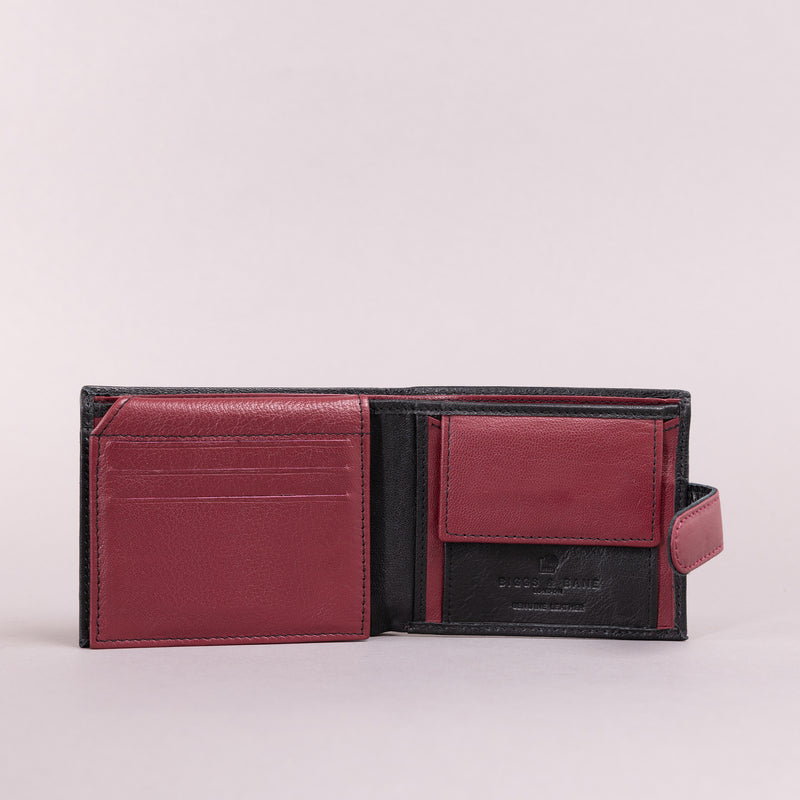 Personalised Engraved Black & Red Bifold Leather Wallet With Coin Pocket