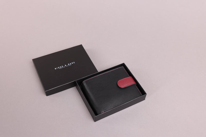 Personalised Engraved Black & Red Bifold Leather Wallet With Coin Pocket