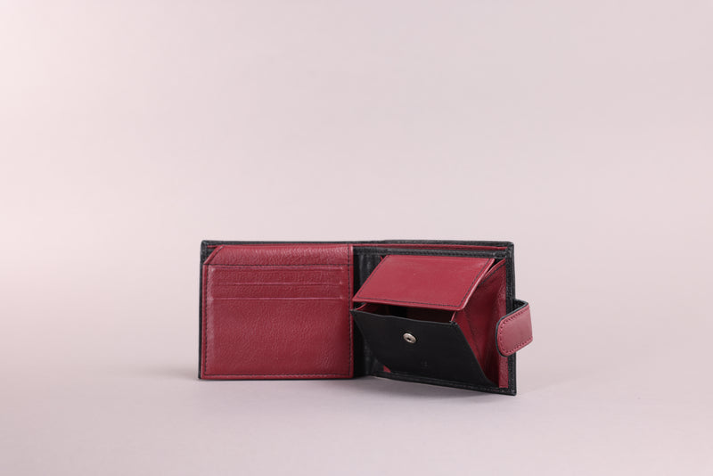 Personalised Engraved Black & Red Bifold Leather Wallet With Coin Pocket