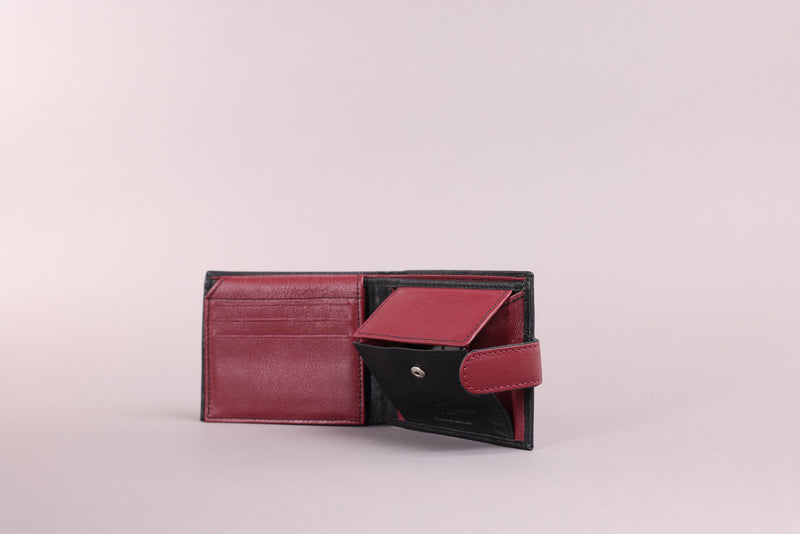 Personalised Engraved Black & Red Bifold Leather Wallet With Coin Pocket
