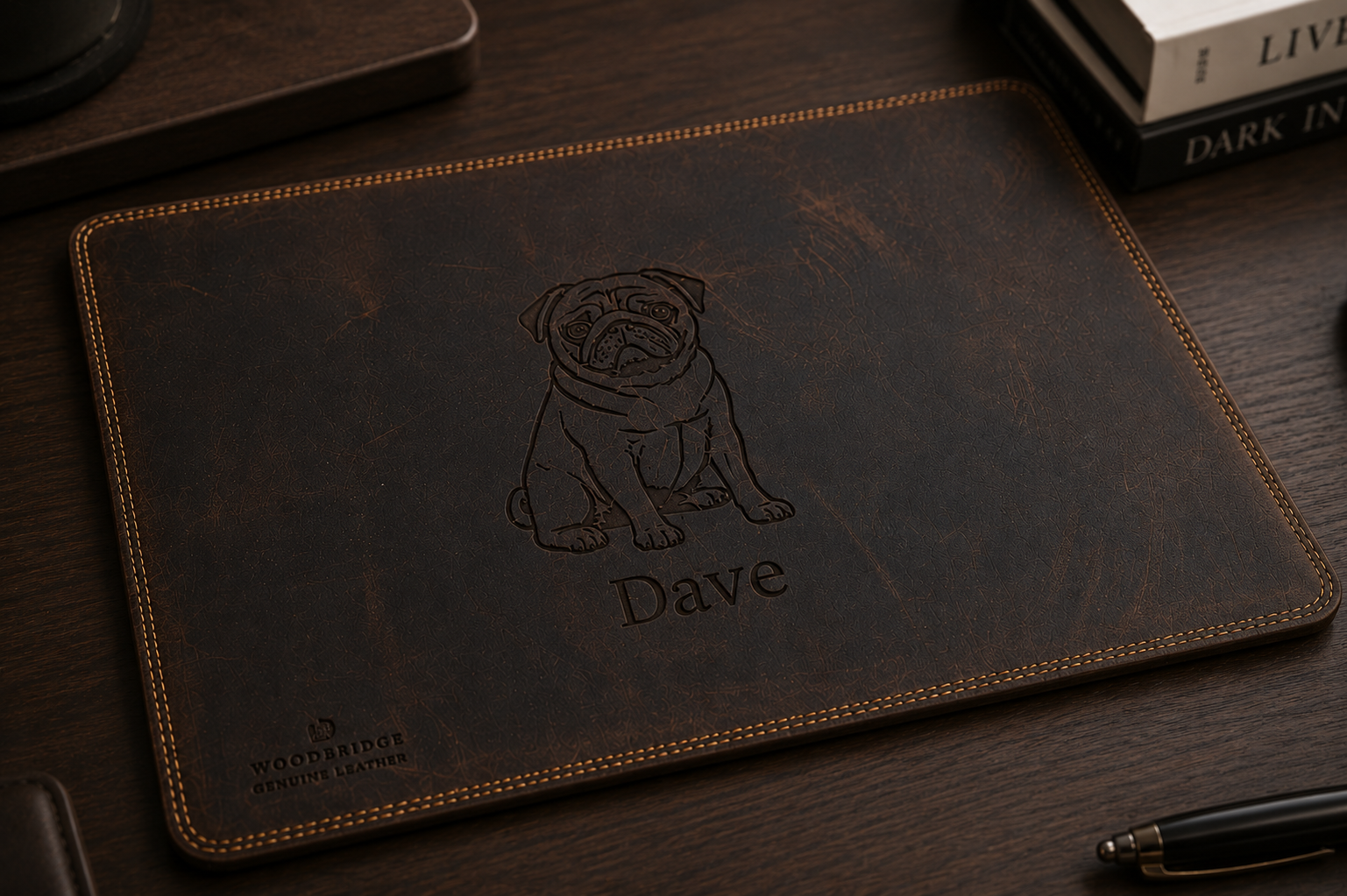 Personalised Dark Brown Leather Mouse Mat – Engraved Desk Pad for Office or Home