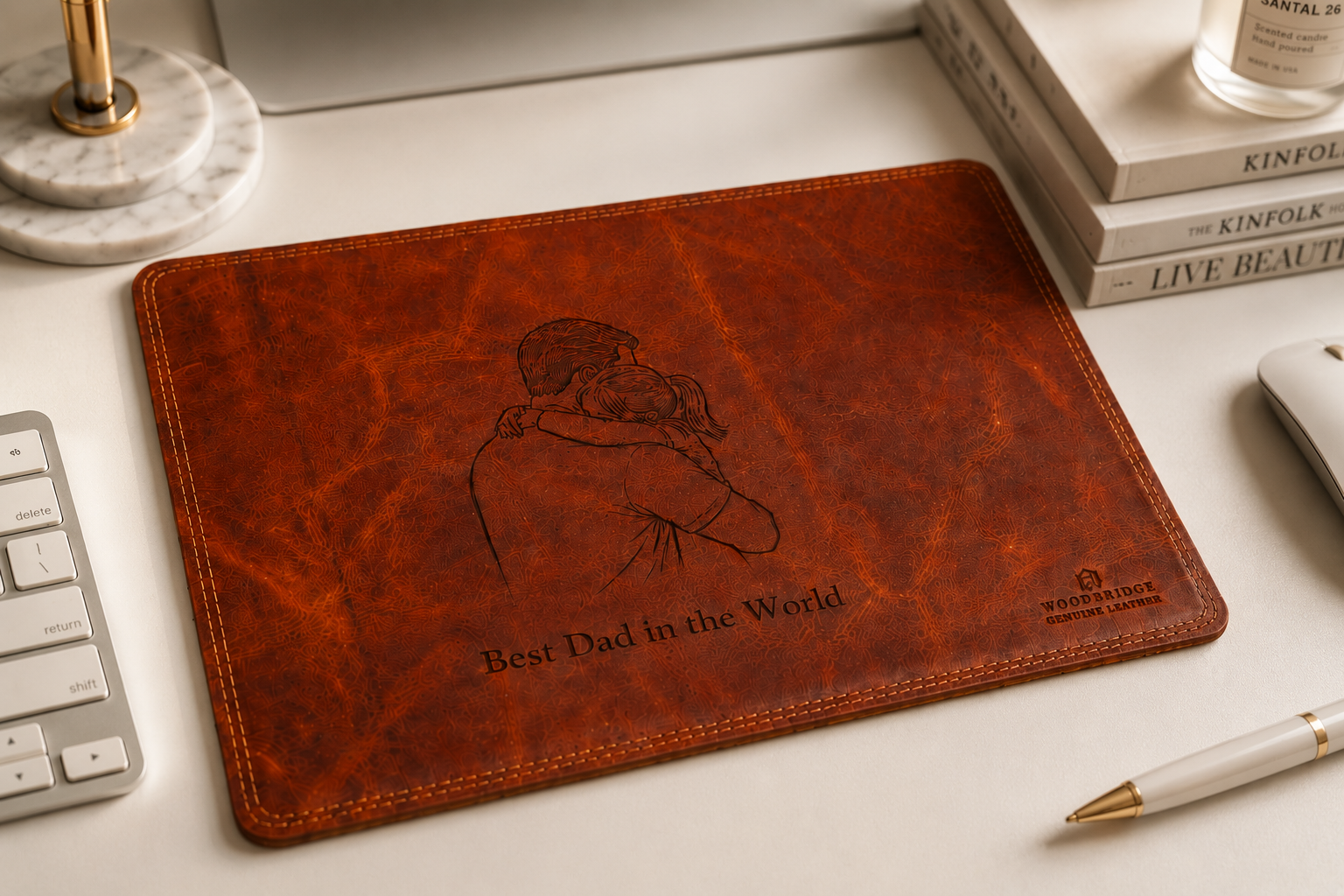 Personalised Tan Leather Mouse Mat – Engraved Desk Pad for Office or Home