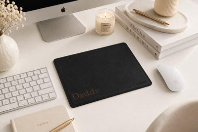 Personalised Black Leather Mouse Mat – Engraved Desk Pad for Office or Gift
