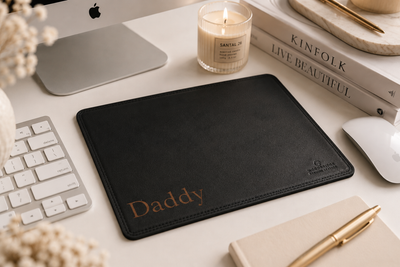 Personalised Black Leather Mouse Mat – Engraved Desk Pad for Office or Gift