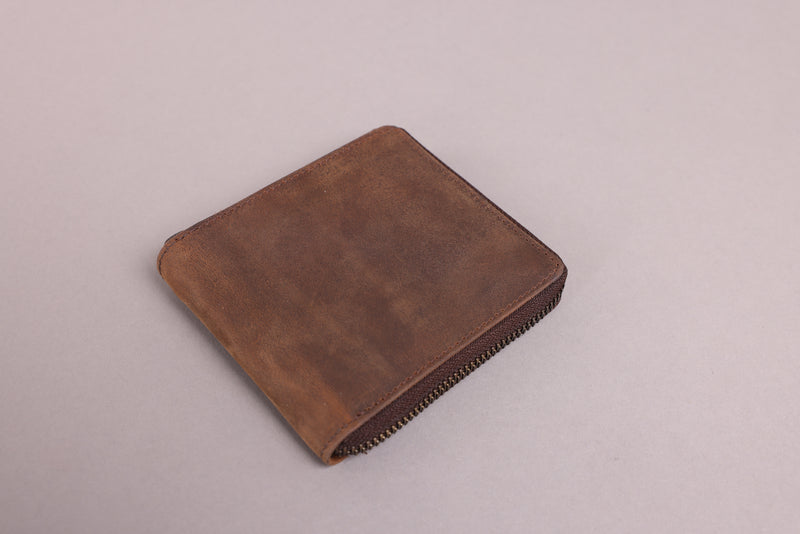 Personalised Engraved Rustic Brown Bifold Leather Zip Around Wallet