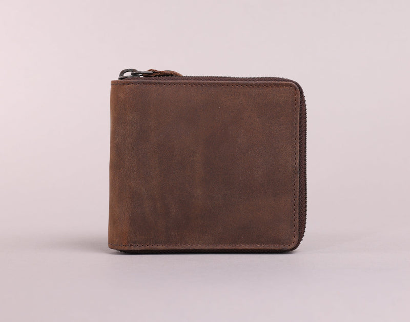 Personalised Engraved Rustic Brown Bifold Leather Zip Around Wallet