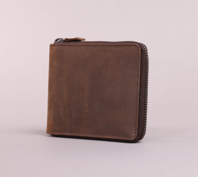 Personalised Engraved Rustic Brown Bifold Leather Zip Around Wallet