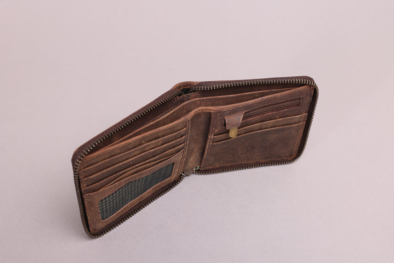 Personalised Engraved Rustic Brown Bifold Leather Zip Around Wallet