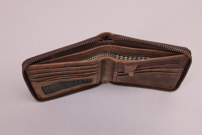 Personalised Engraved Rustic Brown Bifold Leather Zip Around Wallet