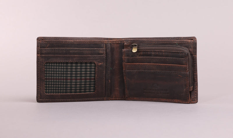 Personalised Engraved Rustic Brown Bifold Leather Wallet With Zip Coin Pocket