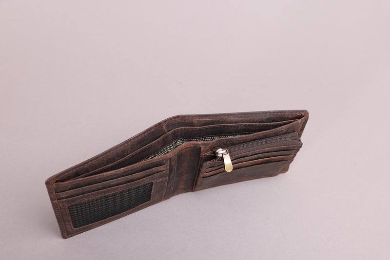 Personalised Engraved Rustic Brown Bifold Leather Wallet With Zip Coin Pocket