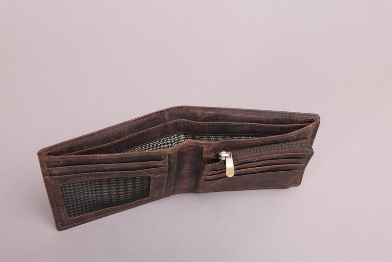 Personalised Engraved Rustic Brown Bifold Leather Wallet With Zip Coin Pocket
