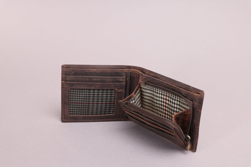 Personalised Engraved Rustic Brown Bifold Leather Wallet With Zip Coin Pocket