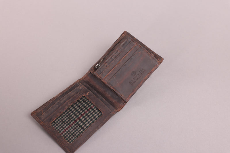 Personalised Engraved Rustic Brown Bifold Leather Wallet With Zip Coin Pocket