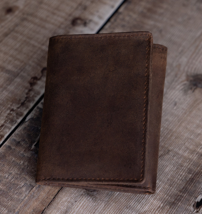 Personalised Engraved Rustic Brown Trifold Leather Wallet