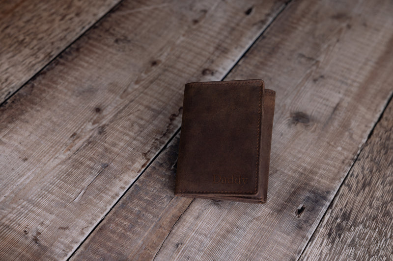 Personalised Engraved Rustic Brown Trifold Leather Wallet