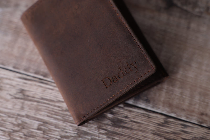 Personalised Engraved Rustic Brown Trifold Leather Wallet