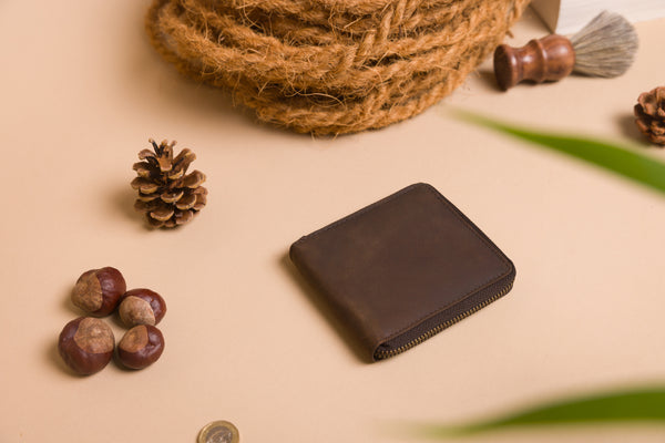 Personalised Engraved Dark Rustic Brown Bifold Leather Zip Around Wallet