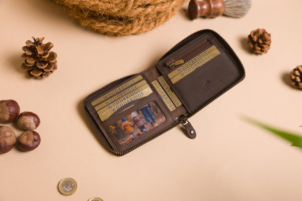 Personalised Engraved Dark Rustic Brown Bifold Leather Zip Around Wallet